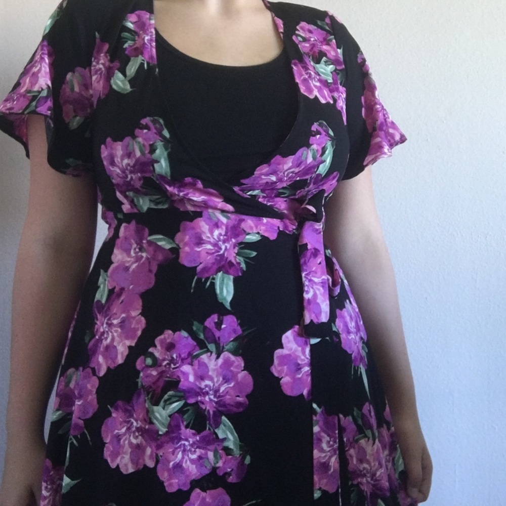 black purple floral print wrap dress